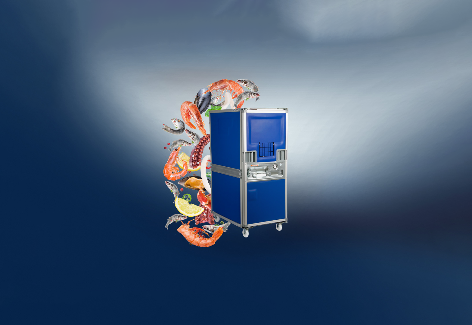 Transportbehälter für Transport von frischem Fisch, Meeresfrüchten und Krustentieren auf dem LKW Transport von frischem Fisch und Meeresfrüchten ohne auslaufendes Wasser, Wasserabfluss an der Rückseite des Behälters